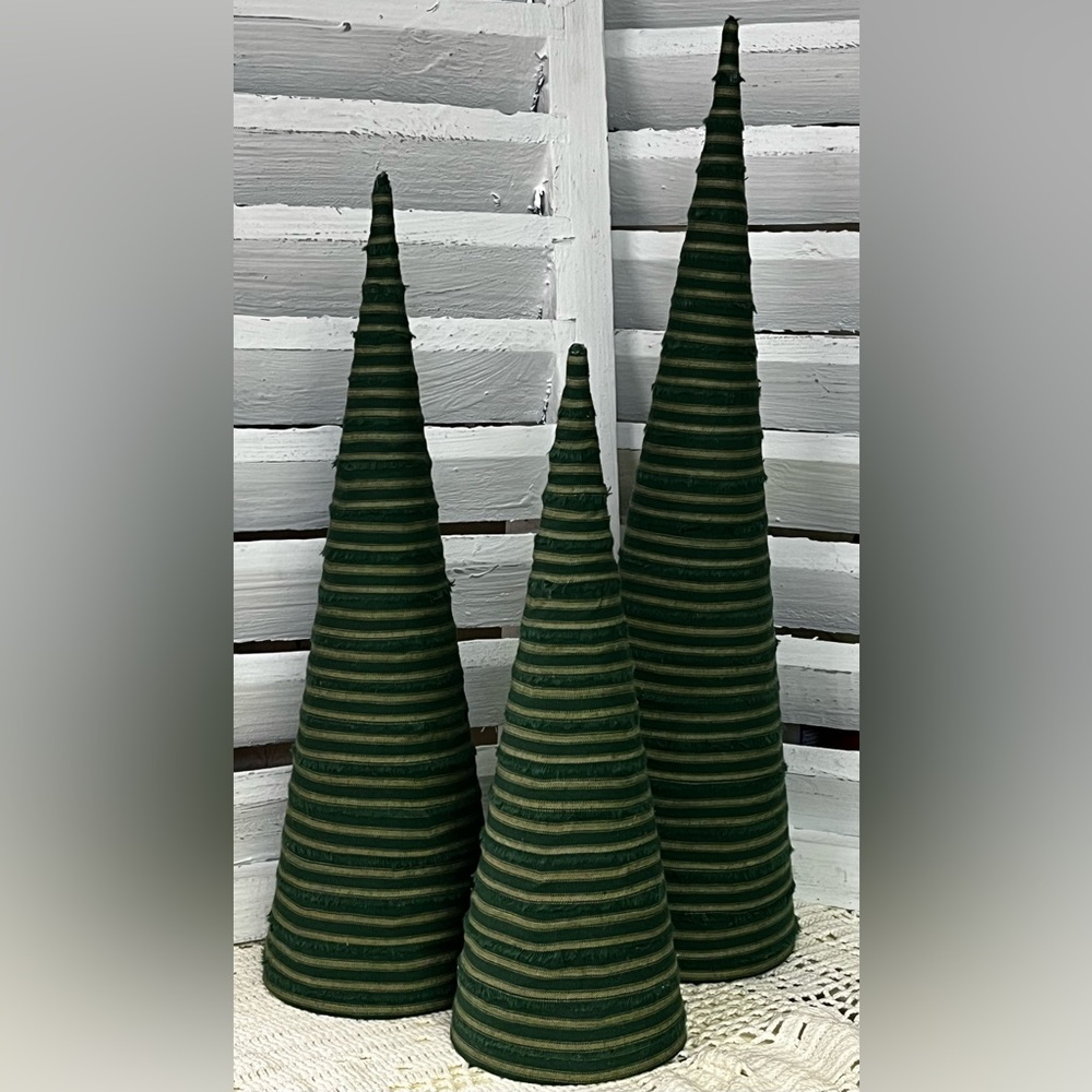 3 large Green Striped homespun fabric Cone Christmas Trees holiday farmhouse